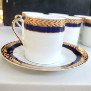 Vintage Simple Gold Leaf Rim w/ Navy Trim Espresso Coffee Cup & Saucer Set (6)
